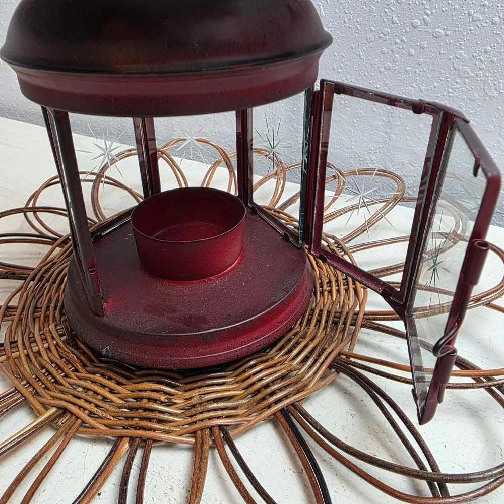 Rustic Burgundy Red Metal Heart Lantern Etched‎ Glass Tea Light Holder